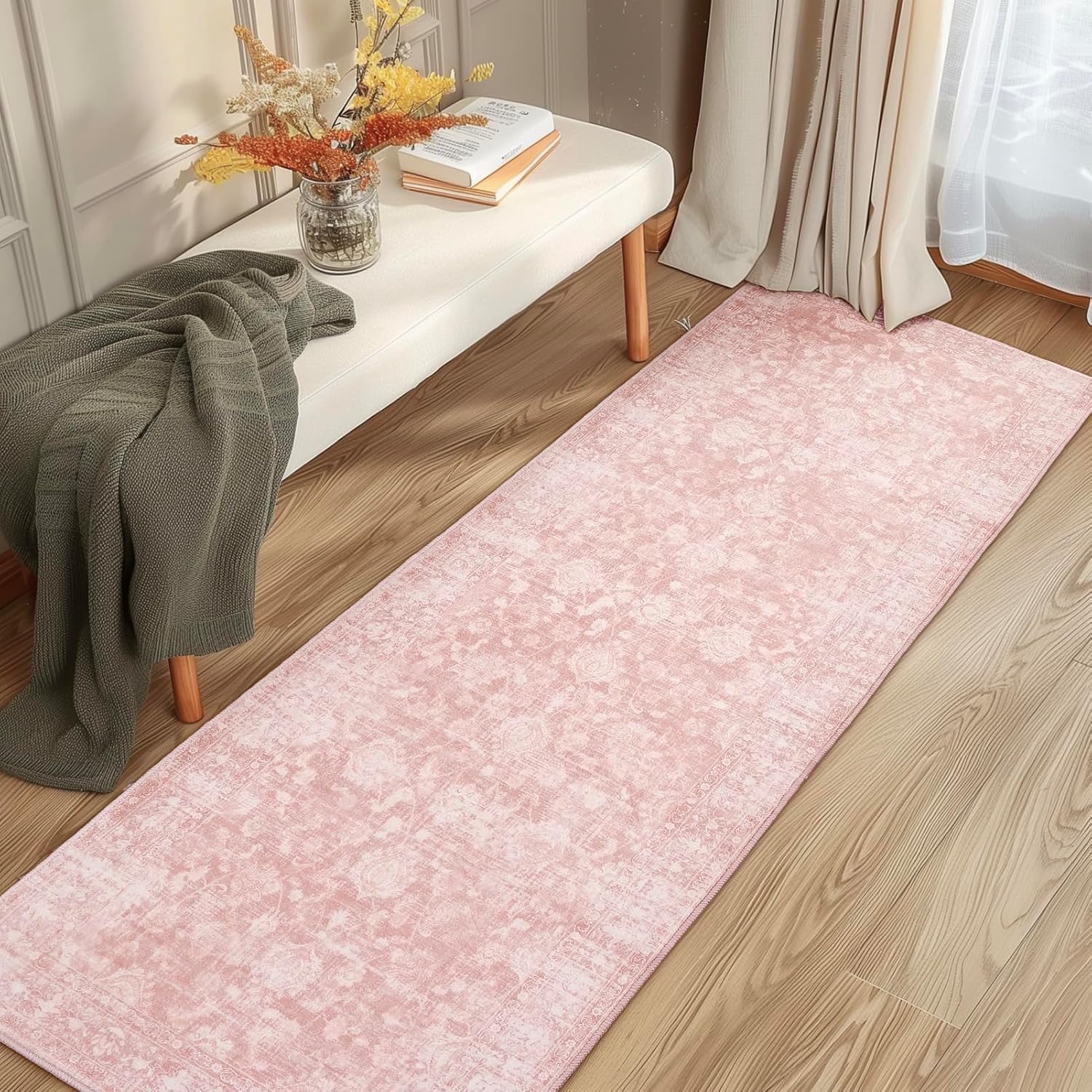FROZZUR 2x6 Boho Pink Runner Rug Vintage Farmhouse Hallway Entryway Rugs for Kitchen Bedroom Non Slip, Washable Boho Carpet for Home Decor Pink