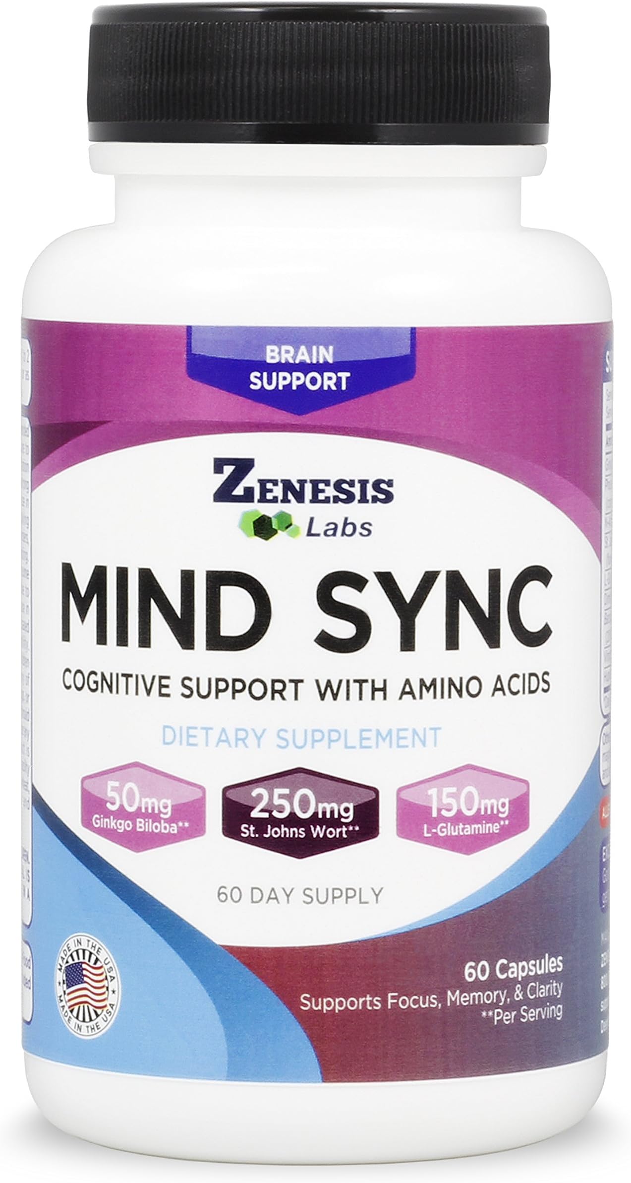 Zenesis LabsMind SYNC - 60 Capsules with Ginkgo Biloba, St John's Wart & L-Glutamine - Please Read Reviews