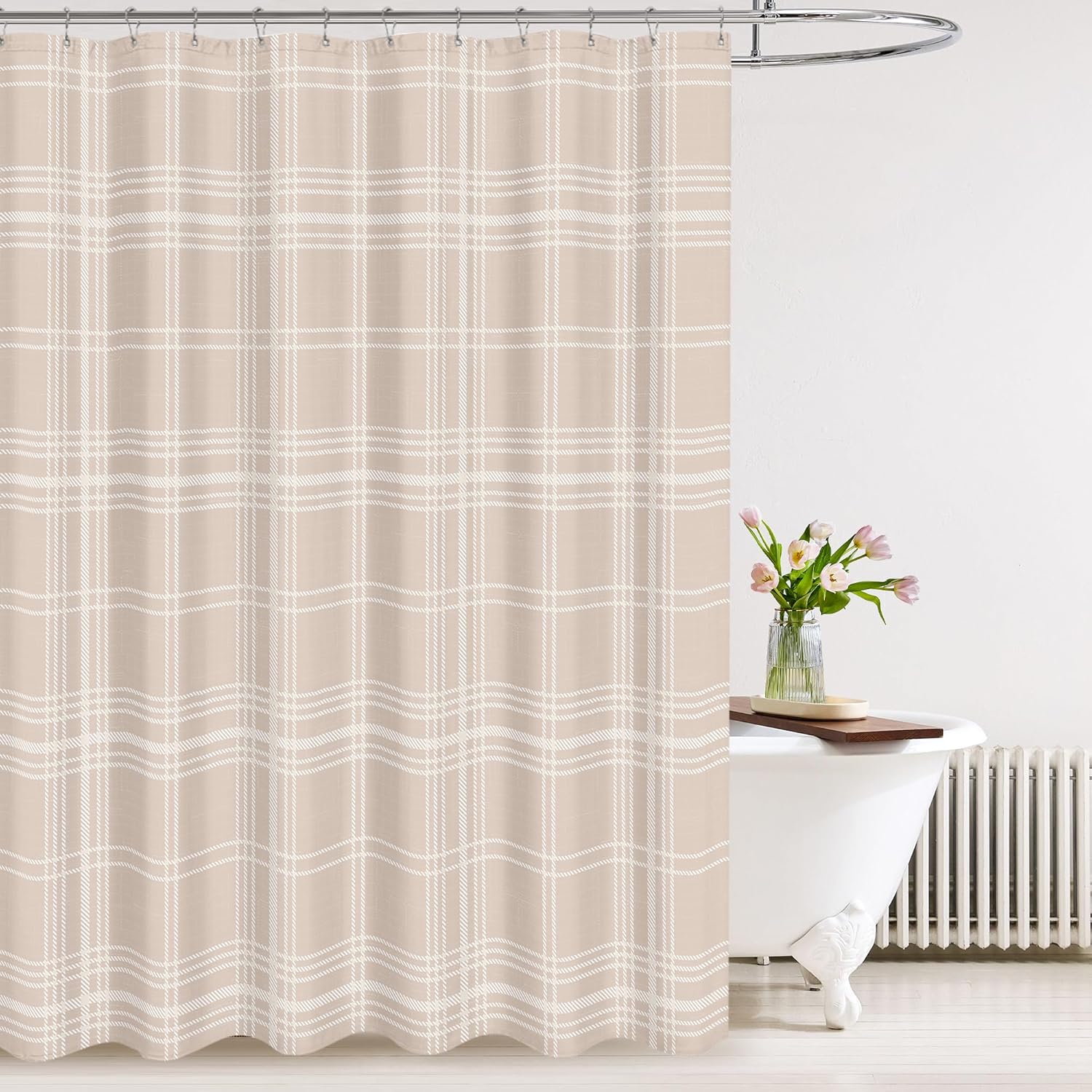 Tititex Classic Scottish Plaid 140gsm Faux Linen Fabric Shower Curtain, Cream Tartan Grid Shower Curtain Sets Decoration 72x72 Inch with Hooks