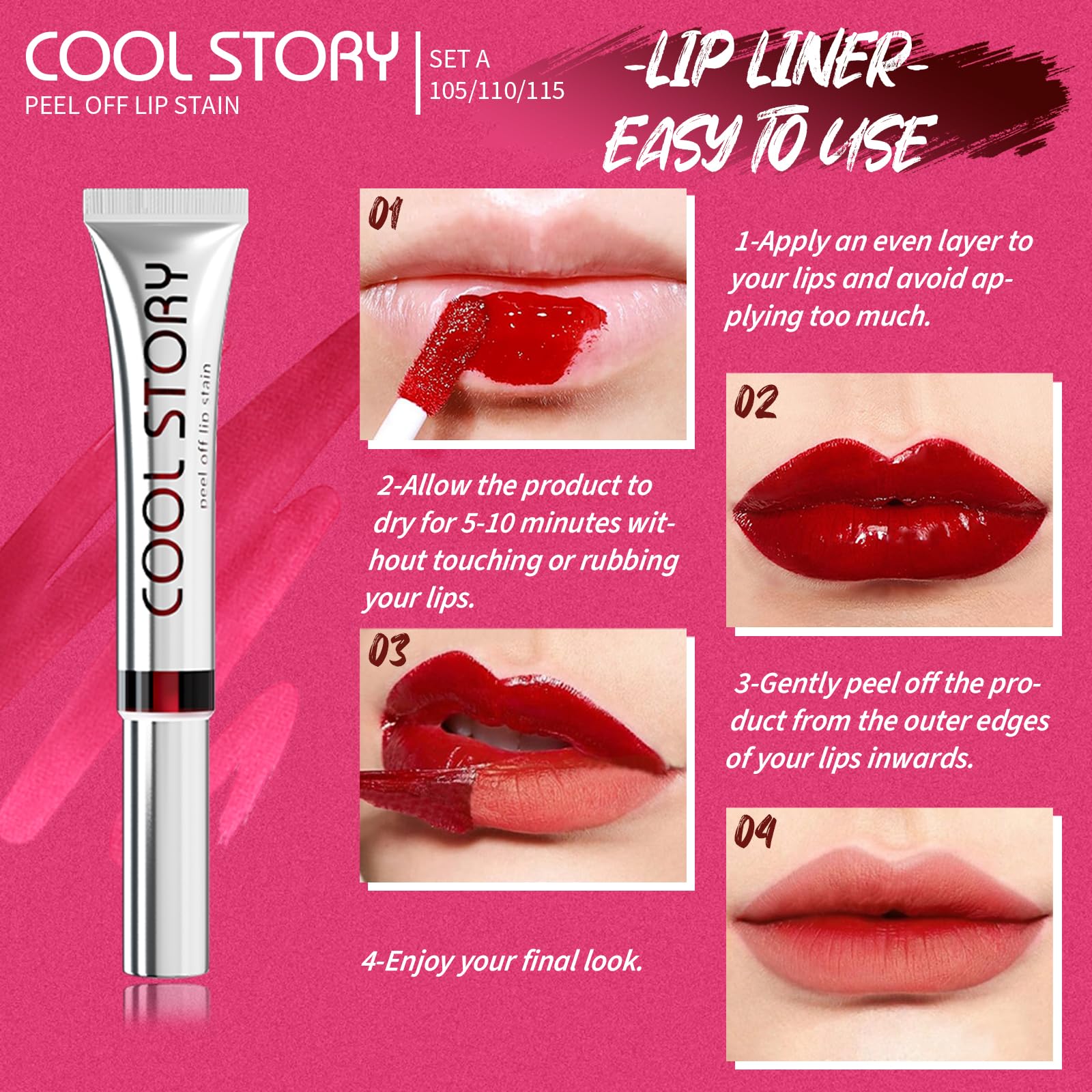 3PCS Peel Off Lip Stain Lip Tint Set, Matte Lipstick & Lip Liner, Waterproof Long Lasting Peel Off Lip Gloss - Image 3