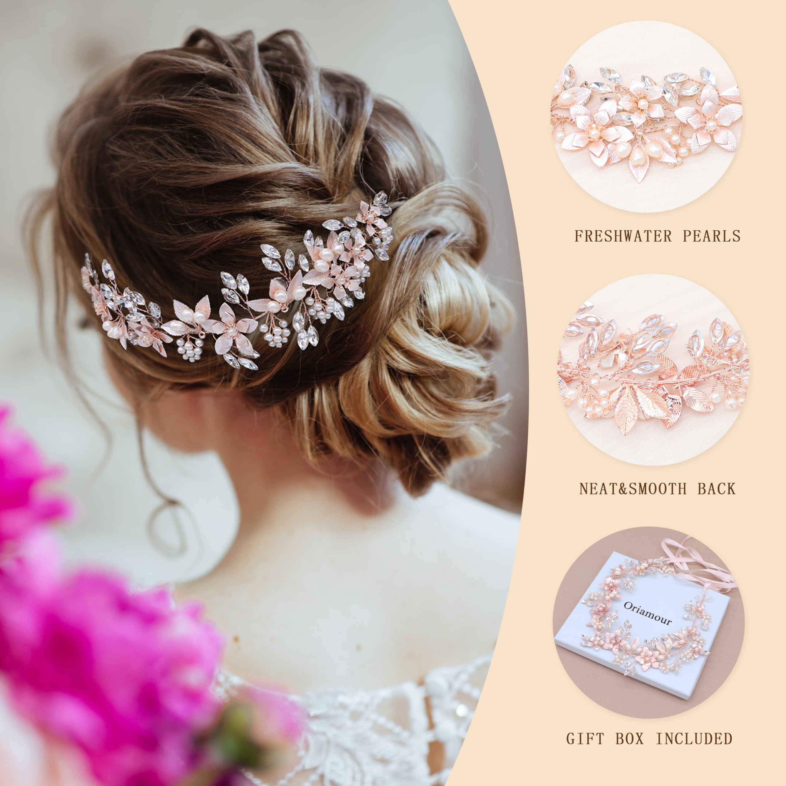 Oriamour Cerchietto per capelli da sposa con fiori e perle d'acqua dolce autentiche e nastri, accessorio per capelli da sposa (oro rosa