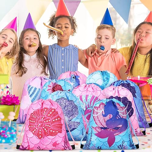 Miniatura 7 de Sweetude 32 mochilas con cordón de sirena, bolsas de recuerdo de fiesta de sirena, regalos de dulces, bolsas de regalo de sirena de mar, bolsas de