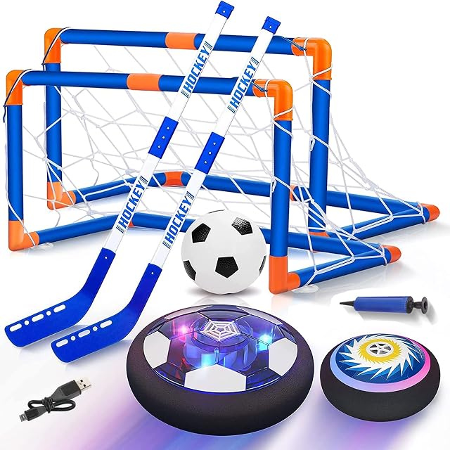 Turbomax Hover Ball Set - Hover Hockey Football Set  7 In 1 Air Floating Ball Set Toys Includes 2 Goals, 2 Hockey Sticks, 1 Starry Light Hover Football, 1 Hockey, 1 Inflatable Soccer Ball