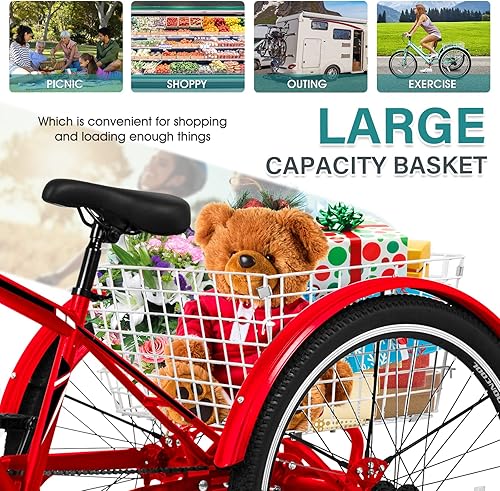 Vista 22 de MOPHOTO Triciclo de montaña para adultos, triciclo de montaña de 3 ruedas de 7 velocidades de 24 pulgadas y 26 pulgadas, triciclos de crucero