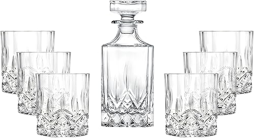 Barski - Juego de decantador y vaso de whisky de 7 piezas, para whisky, licor, whisky, whisky, whisky, bourbon, decantador cuadrado de 25 onzas con