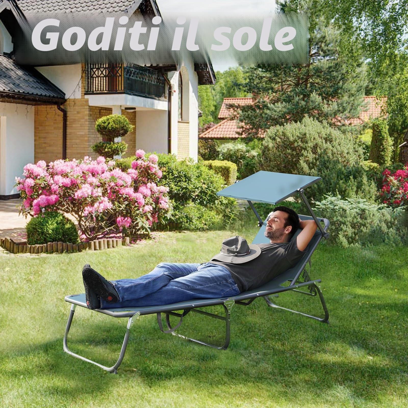 Homecall 30038 Lettino da Spiaggia in Alluminio con Parasole, Schiuma ad Asciugatura Rapida, XXL, Blu
