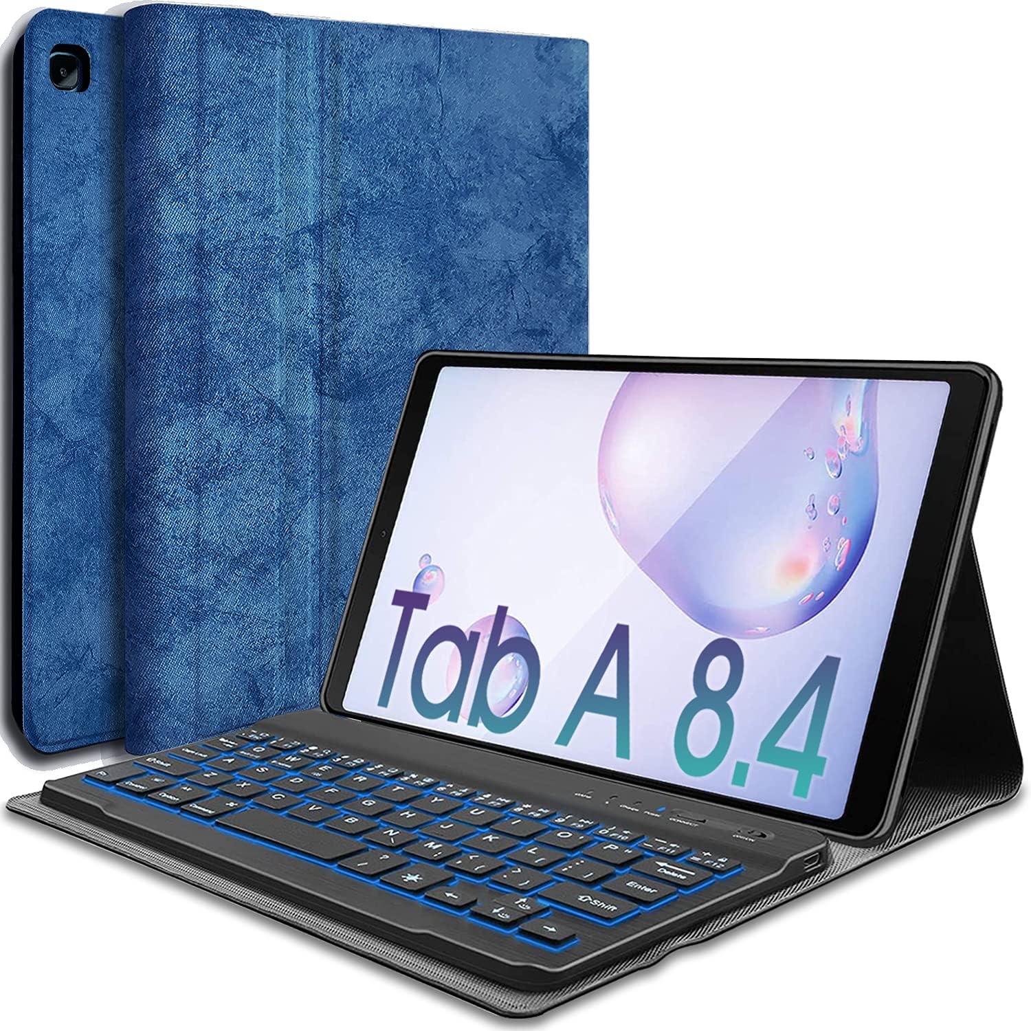 Wineecy Galaxy Tab A 8.4 2020 Keyboard Case [Backlit,SM-T307(Verizon/T-Mobile/Sprint/AT&T)], 7 Color Light Detachable Wireless Keyboard with PU Folio Stand Cover for Samsung Galaxy Tab A 8.4, Blue