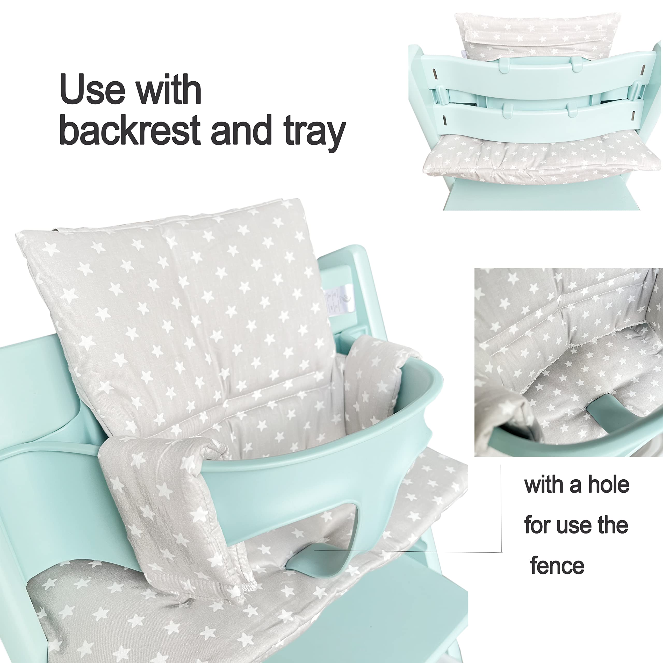 ZARPMA Highchair Cushion Compatible with Stokke Tripp Trapp Chiar High Chair Insert Cotton Fabric Cover Filled with Cotton Padding(Grey Star) - Image 4