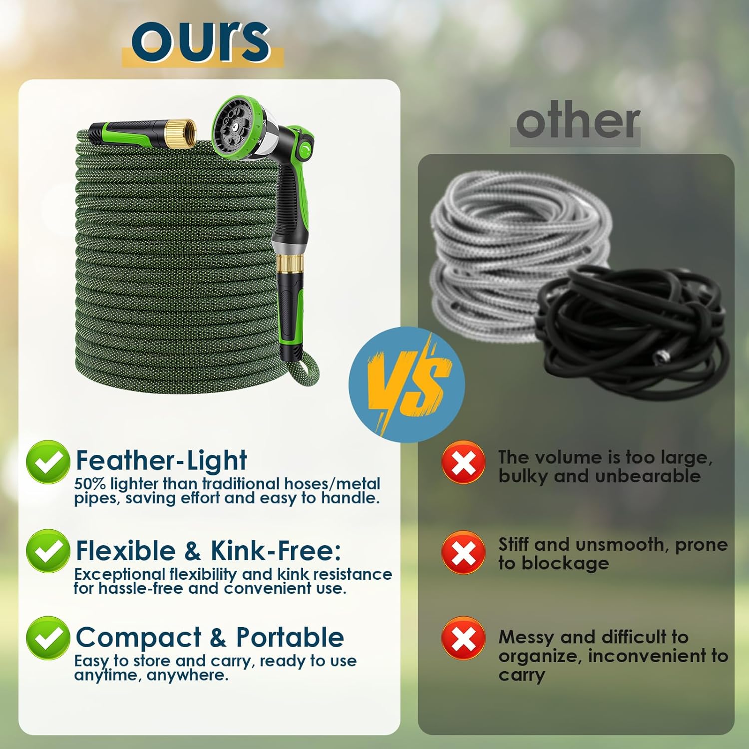 Non-Expandable Garden Hose 100 FT, Lightweight Hose with 10 Function Spray Nozzle, Kink-Free Flexible Water Hose, Durable, Leak-Proof, 360° Swivel Connectors, Portable Storage Strap