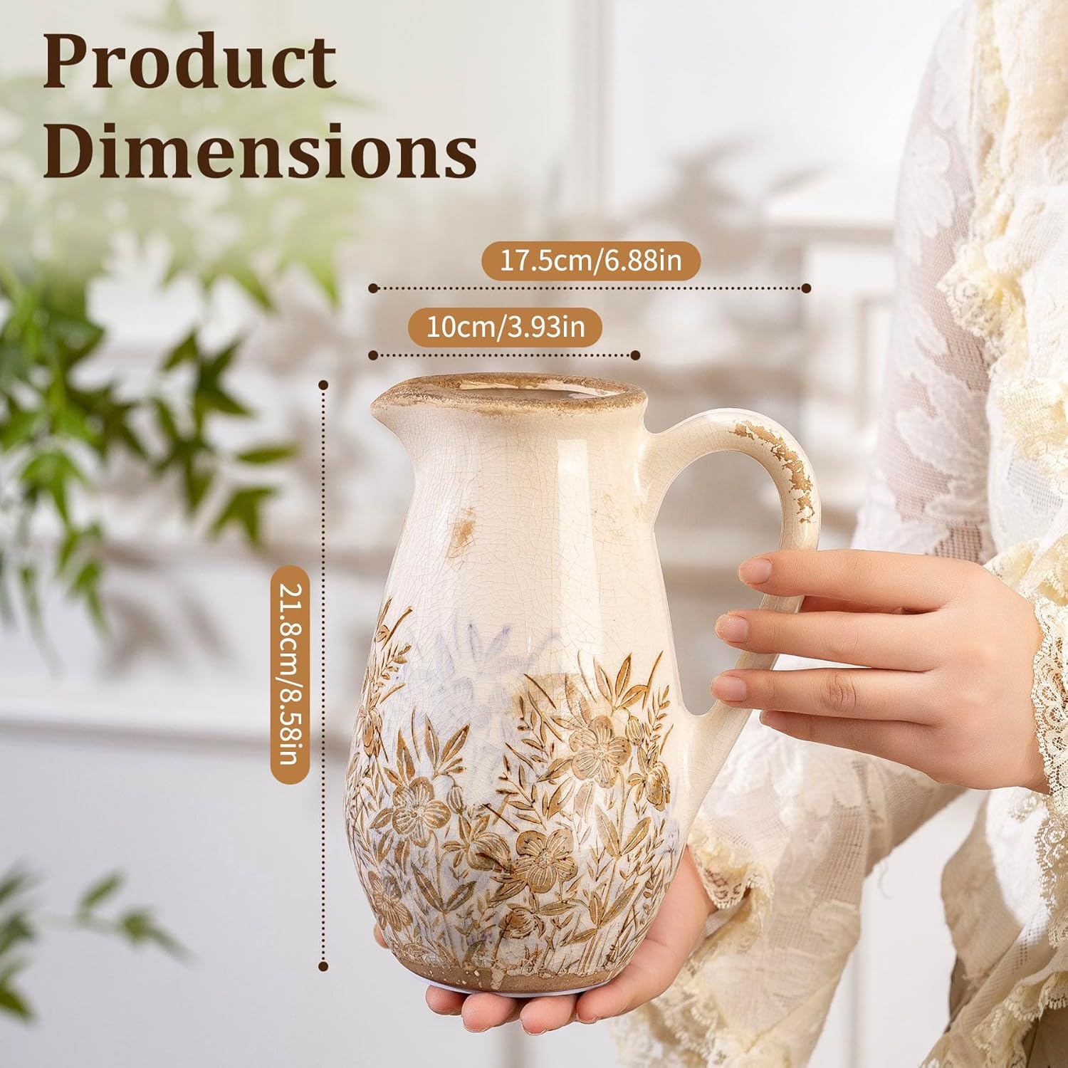 Purple and Borwn Floral Vintage Vase with Handle, French Country Floral Pitcher Vase, Rustic Ceramic Farmhouse Vases for Home Decor, Living Room, Bookshelf, Grand Millennial Tuscan Decor 8.7 in - Image 3