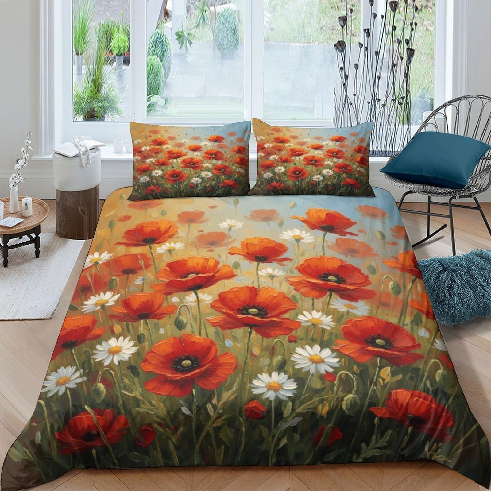 Ctjqhvkz Style-8 3D Printed Poppy Field Fitted Sheet Microfiber Red Wildflowers Daisy Mattress Cover For Bedroom Guest Room Decor Protection Single（135X200cm）