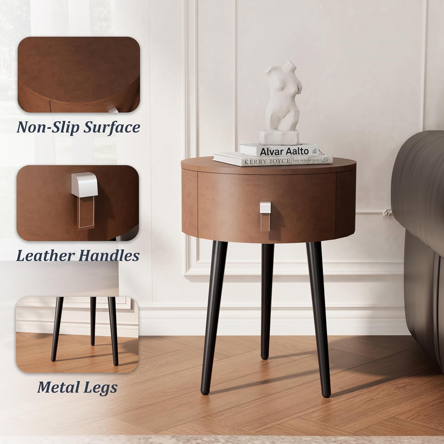 Round Nightstand Set of 2 with Single Drawer,Modern Bedside Table with Metal Legs for Bedroom,Leather Side Table,Small Accent End Table for Living Room,Brown