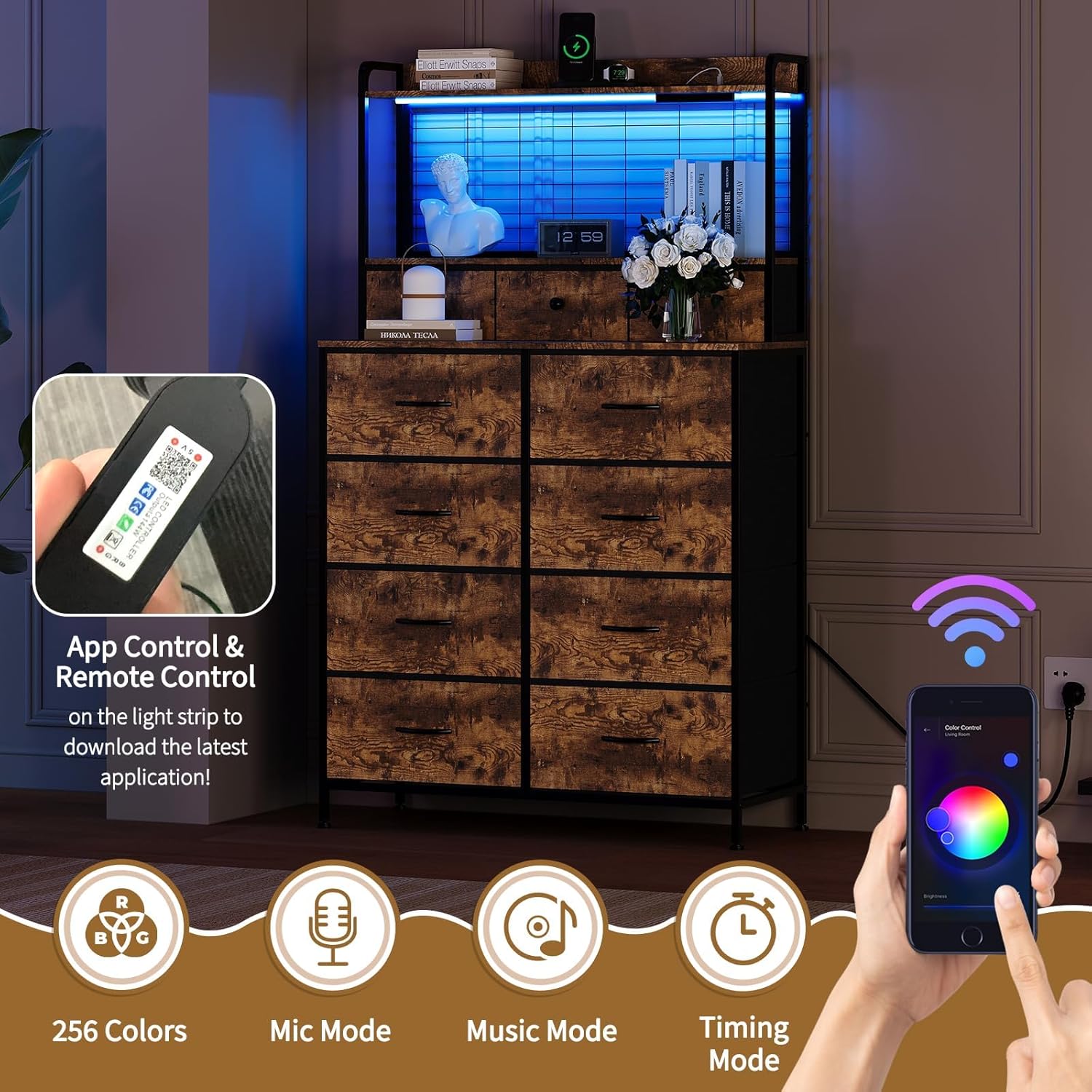 Rustic Dresser for Bedroom with Charging Station, App-Controlled RGB LED, 11 Fabric Drawers Tall Storage Organizer, Anti-Tipping Design, Wood Grain Finish for Living Room, Closet, Nursery, Brown