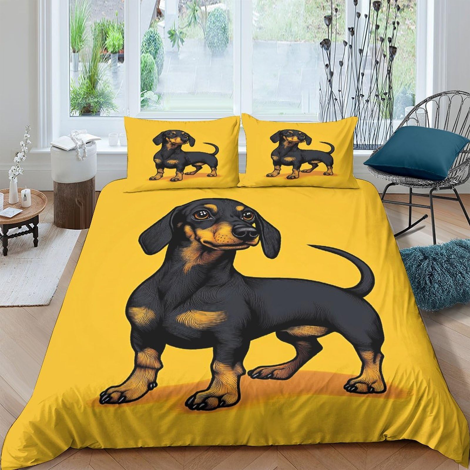 Ctjqhvkz Style-2 3D Printed Dachshund Dog Fitted Sheet Microfiber Yellow Bed Cover For Bedroom Guest Room Dorm Mattress Protection Decor Single（135X200cm）