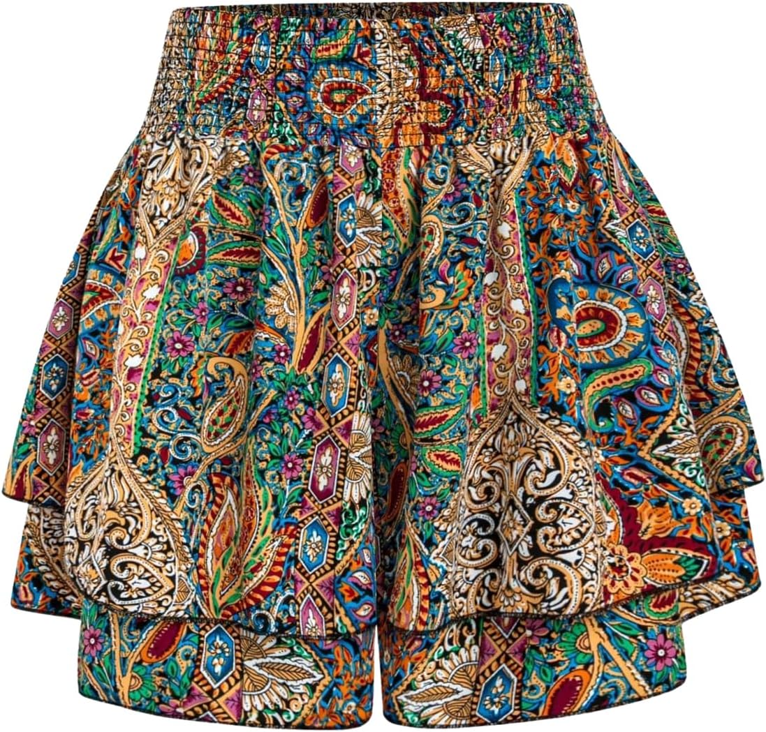 OYOANGLE Women’s Plus Size Paisley Print Shorts Elastic High Waist Ruffle Loose Boho Shorts