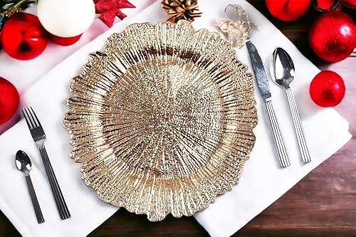 Miniatura 5 de Evershine Juego de 6 platos de plástico redondos dorados de 13 pulgadas, cargador de arrecife floral para platos de comedor, mesa y decoración de