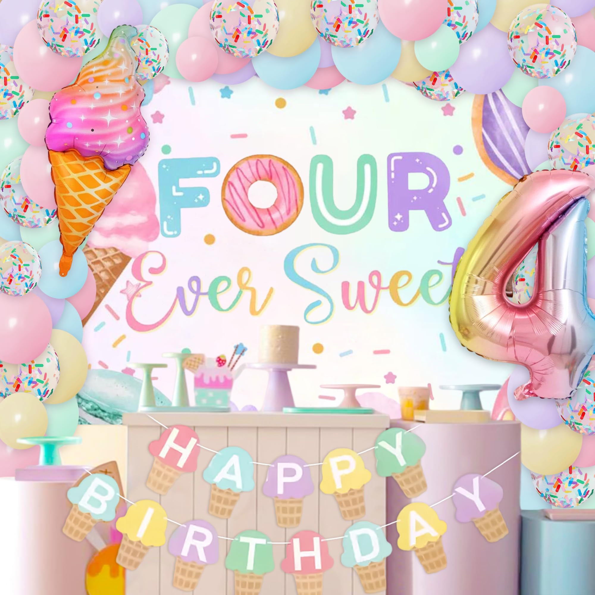 JeVenis Ice Cream Birthday Decoration We All Scream 4 Ice Cream Birthday Decoration Glitter Ice Cream Banner Garland for Summer Ice Cream Theme 4th Birthday Party