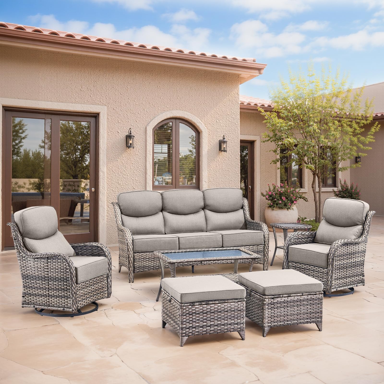 Swivel Patio Chairs sofa Set of 7 with 6" Thick Cushion - Wicker Outdoor Swivel Rocker Patio Chair ,Sofa/Glass coffee table, High Back Comfortable