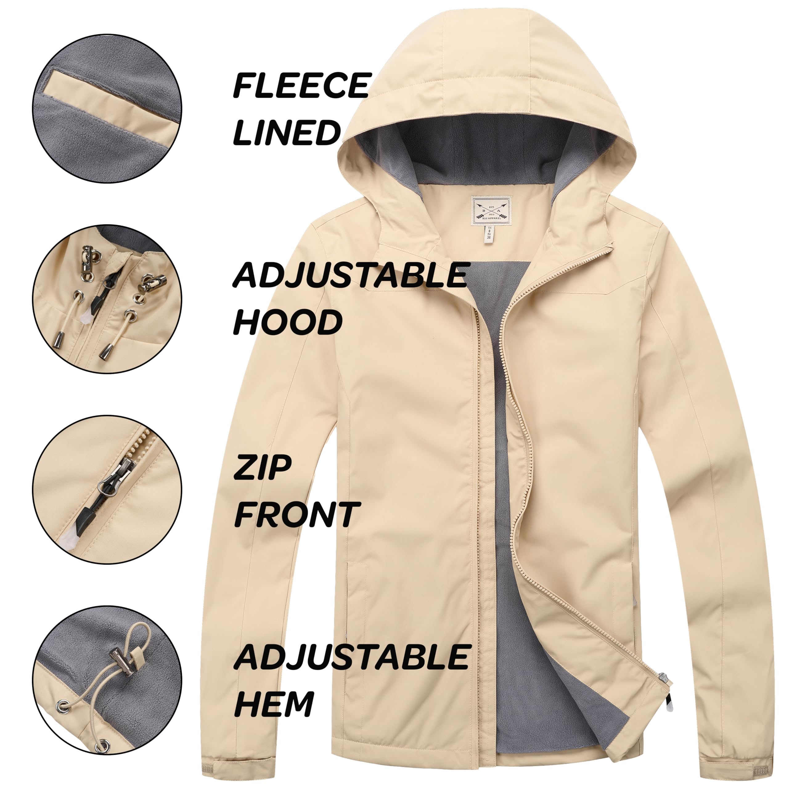 Blu Apparel Giacca impermeabile da donna con cappuccio, giacca a vento, per escursionismo, camminata, primaverile
