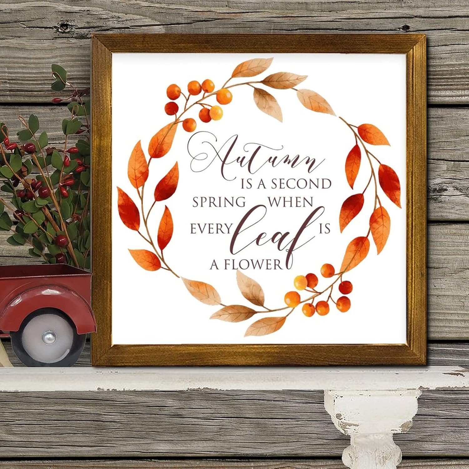 Autumn is A Second Spring Wood Framed Sign Fall Maple Leaves Wreath Hanging Wall Art Sign Rustic Farm Harvest Wood Decor Farmhouse Wall Hanging Plaque for Kitchen Living Room Bedroom Home 12x12 inch