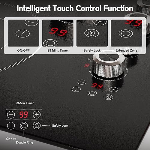 Miniatura 6 de Placa eléctrica de 30 pulgadas, 5 quemadores Karienvir, estufa eléctrica integrada de 8600 W, estufa de 30 pulgadas con quemador de doble anillo,