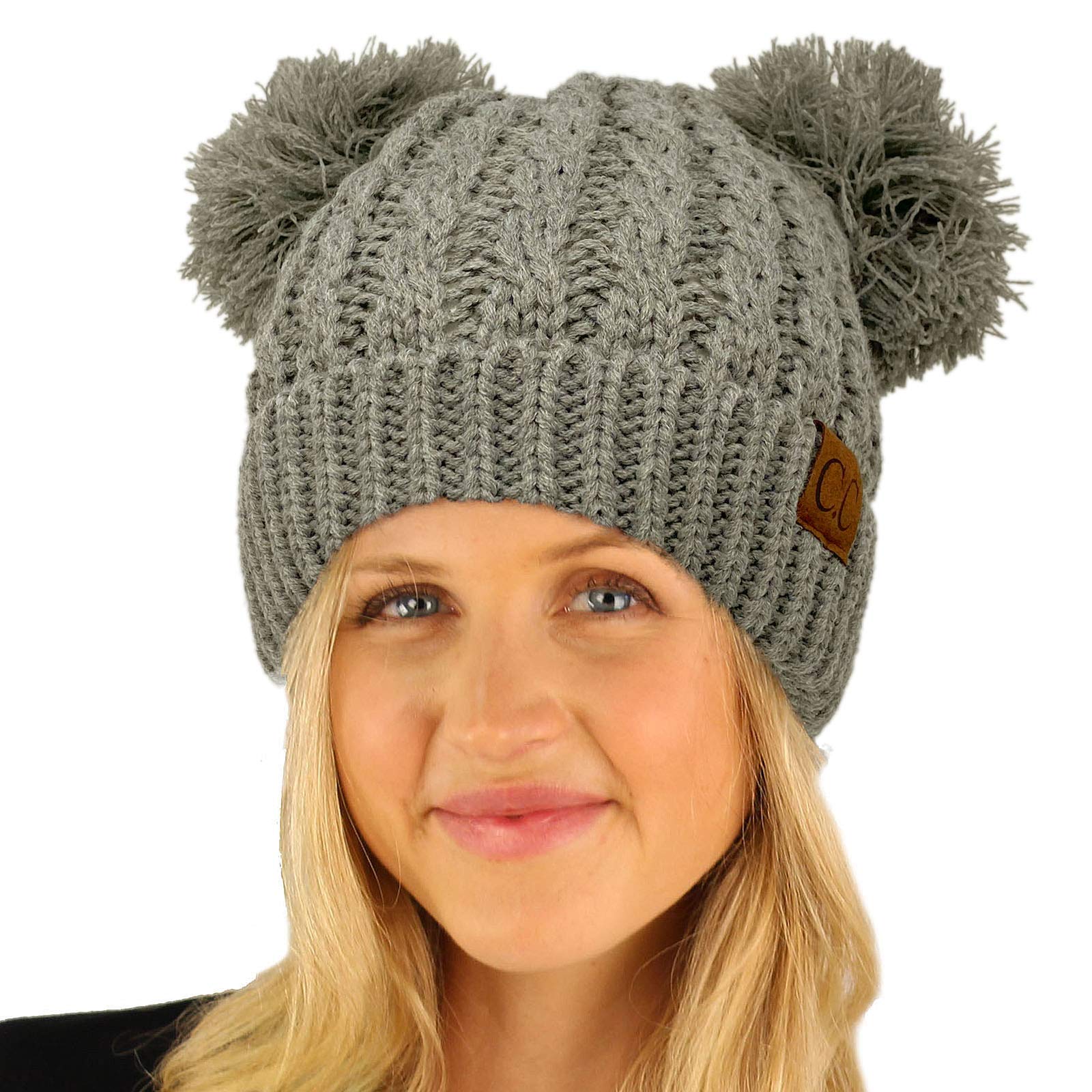 CC Winter Cute 2Pom Pom Ears 2tone Soft Warm Thick Chunky Knit Beanie Hat (Solid Lt. Melange Gray)