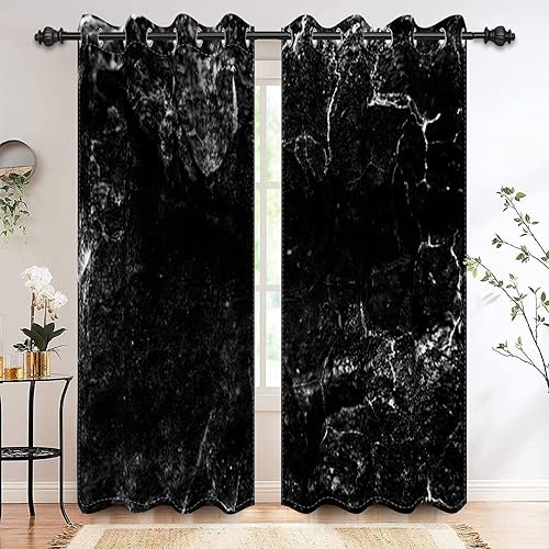 Renaiss Cortinas opacas de mármol de 29 x 45 pulgadas juego de 2 paneles cortinas de ventana con estampado de textura de mármol blanco y negro