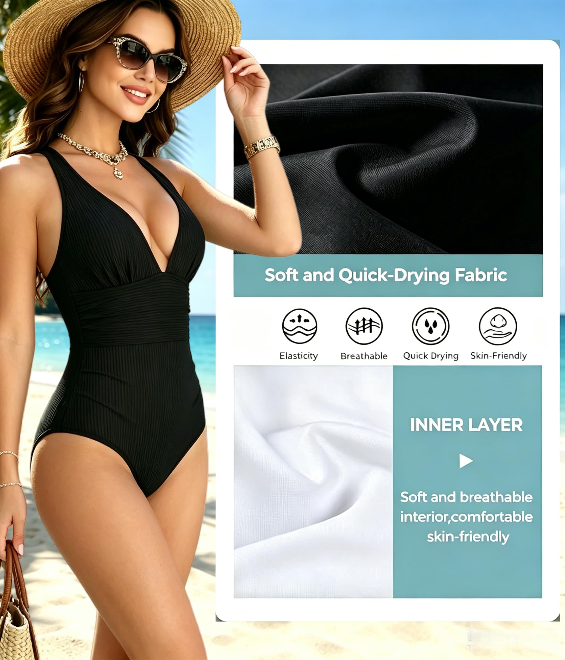 Maillot de Bain Femme 1 Pièces Gainant Contrôle Ventre Plat Col V Maillots de Bain Une pièce Push Up Rembourré Slim Elegant Swimsuit Taille Haute Beachwear Bretelles Réglables Séchage Rapide
