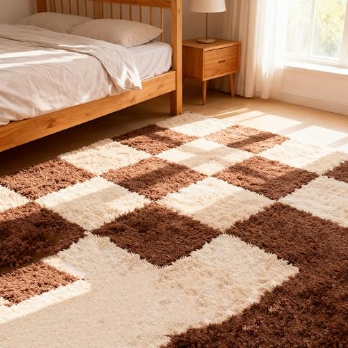 Vista 45 de Tapete de espuma de felpa gruesa que se entrelaza, 24 piezas de 12 x 12 pulgadas, tapetes cuadrados esponjosos de espuma con bordes, alfombra