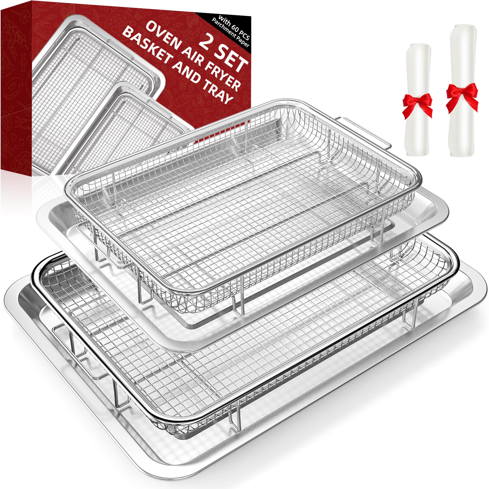 Air Fryer Basket for Oven, 2 Set Oven Air Fryer Basket and Tray with 60 PCS Parchment Papers, Demaxia Crisper Tray Non-Stick Stainless Steel Air Fry Pans for Convection Oven(15.8" × 11" & 13" × 9.7")