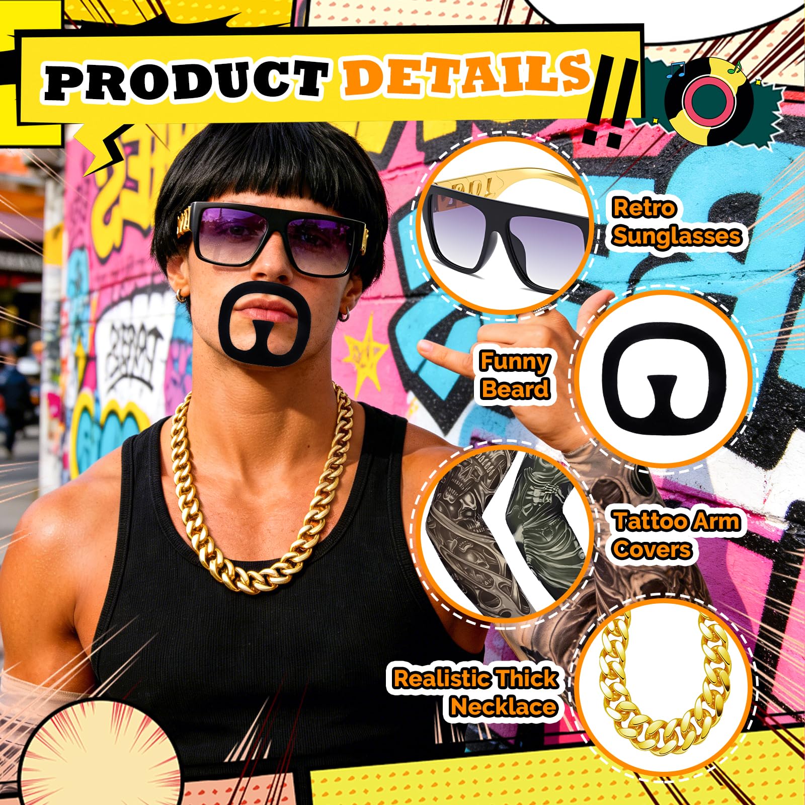 Athora 7Pcs Final Boss Costume Set for Adults, Bowl Cut Wig, Sunglasses, Fake Mustache, Necklace, Tattoo Sleeve,90s Meme Cosplay Ibiza Outfit, for Music Festivals Halloween Rave Party - Image 3