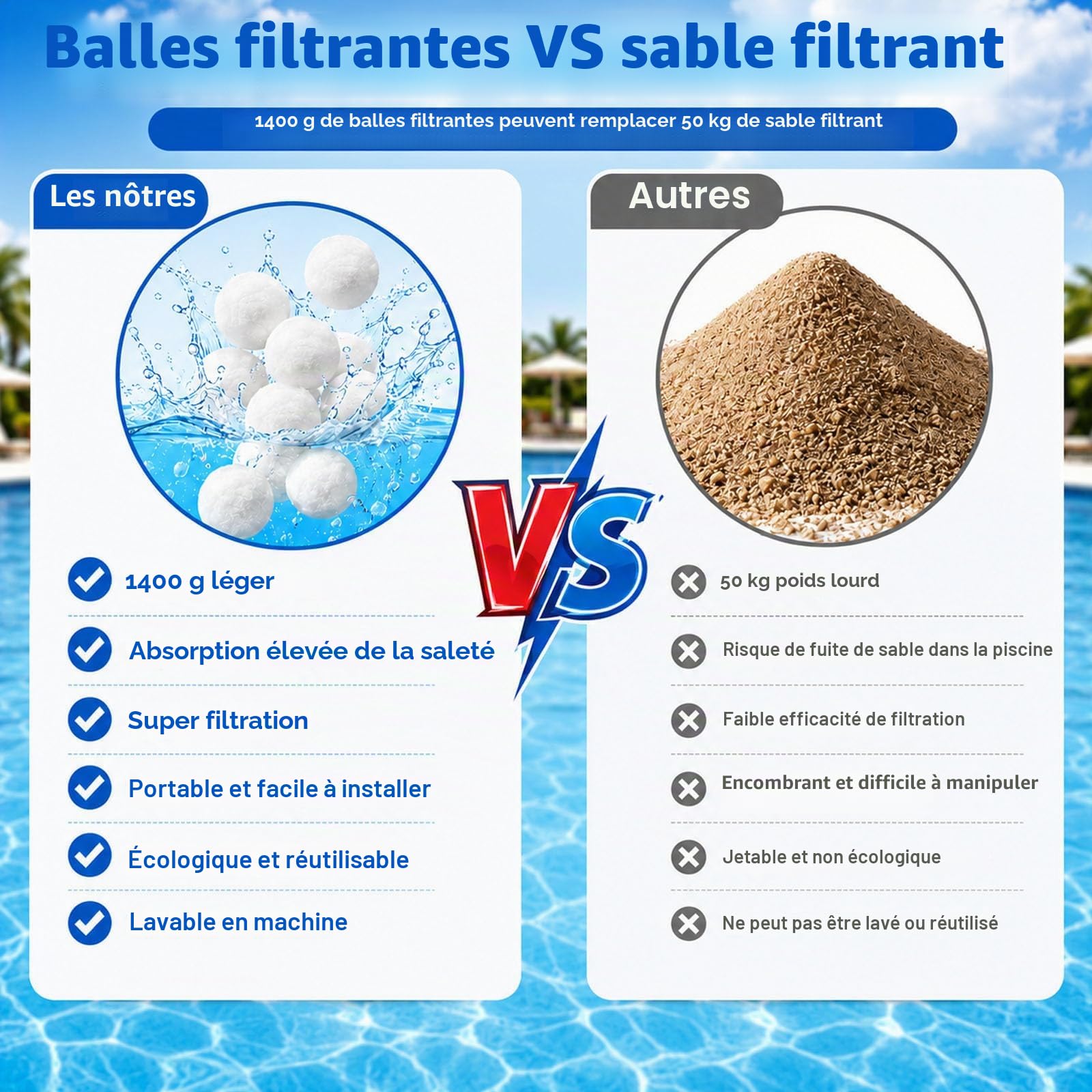 Caroca Boules de Filtre Piscine,1400g Balles Filtrantes Remplacer 50kg de Sable Filtration pour systèmes de Filtre a Sable Piscine