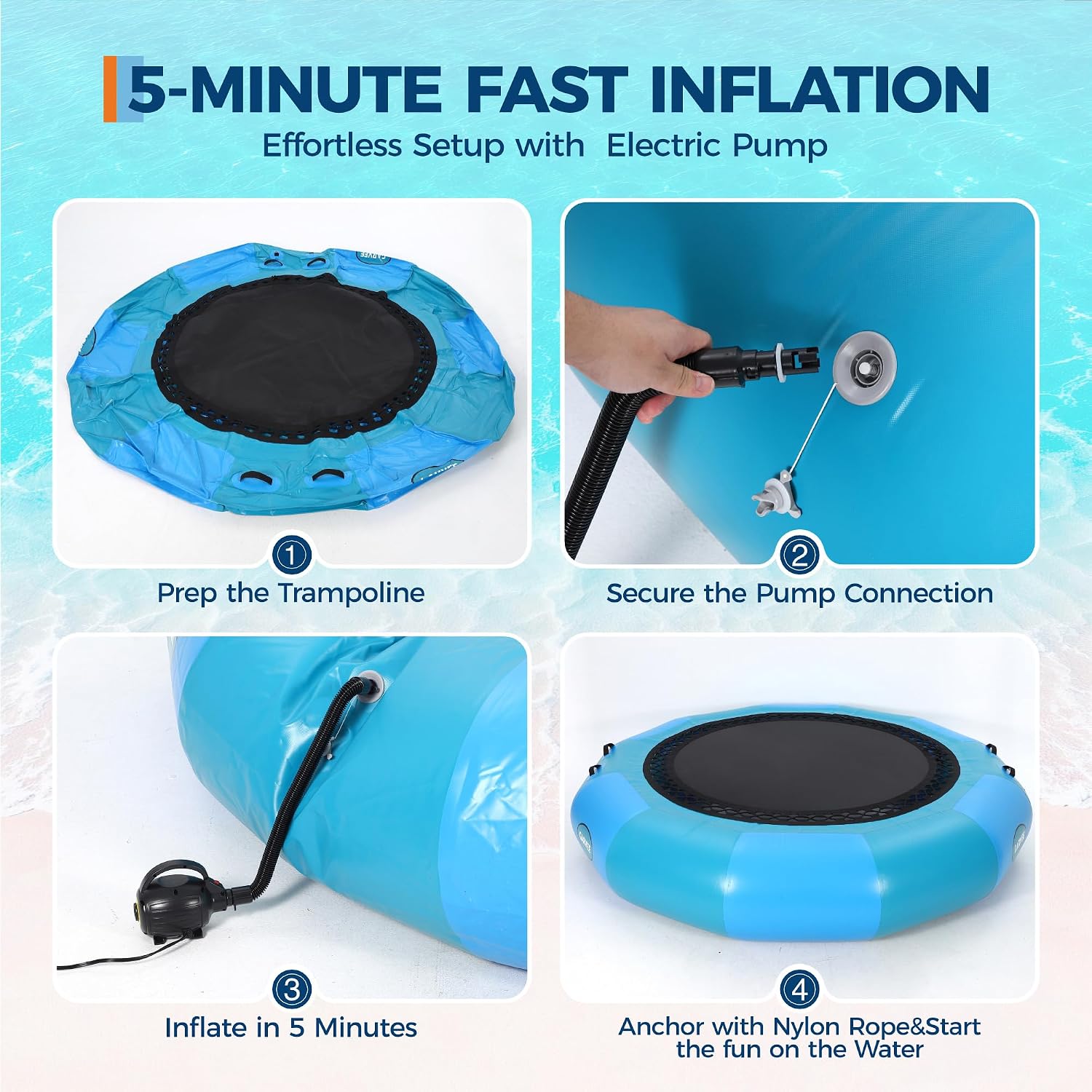 GarveeLife Inflatable Floating Dock, PVC Round Water Trampoline, Floating Hammock for Pool Lake Ocean, Inflatable Hammock with 4-Step Rope Ladder & Electric Pump, Floating Platform for Adults and Kids