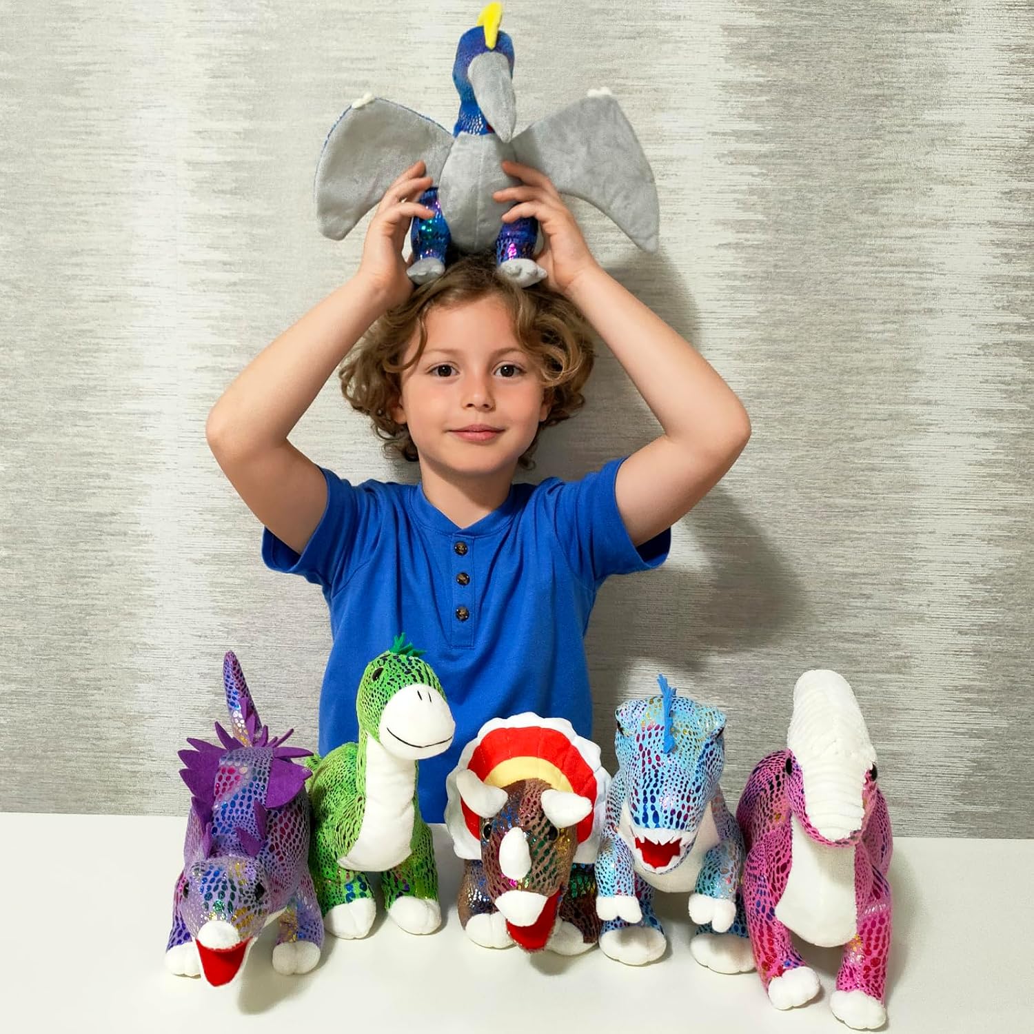 MaoGoLan 6Pcs Stuffed Animals Bulk Dinosaur Plushies with Sequin, 12'' Stuffed Dinosaur T-Rex Blue Velociraptor Toys Collectible Dino Squad for Kids Gifts Christmas Halloween Decorations