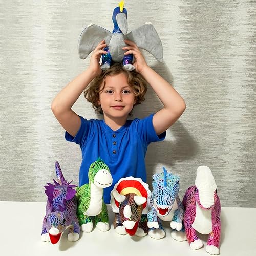 Miniatura 7 de MaoGoLan 6 Piezas Animales de Peluche a Granel Peluches de Dinosaurios con Lentejuelas, 12'' Dinosaurio de Peluche T-Rex Azul Juguetes de