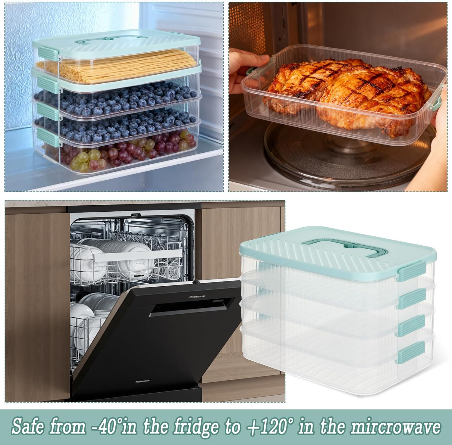 4-Layer Stackable Cookie Airtight Storage Containers with Lids, Portable Plastic Cookie Storage Case Snack Containers for Desserts, Cupcakes, Snacks, Dumplings, Fruit- Blue Lid