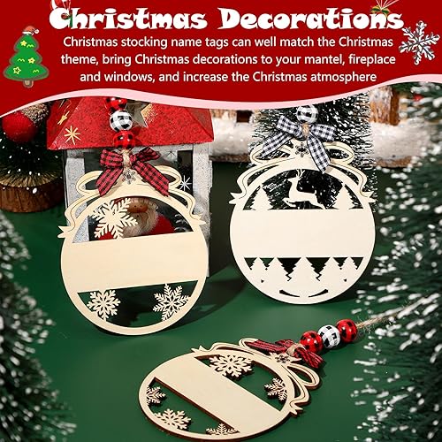 Miniatura 10 de Juego de 12 etiquetas de nombre para calcetines de Navidad, letreros de madera para bricolaje, incluye etiquetas de cuentas de madera y lazo,