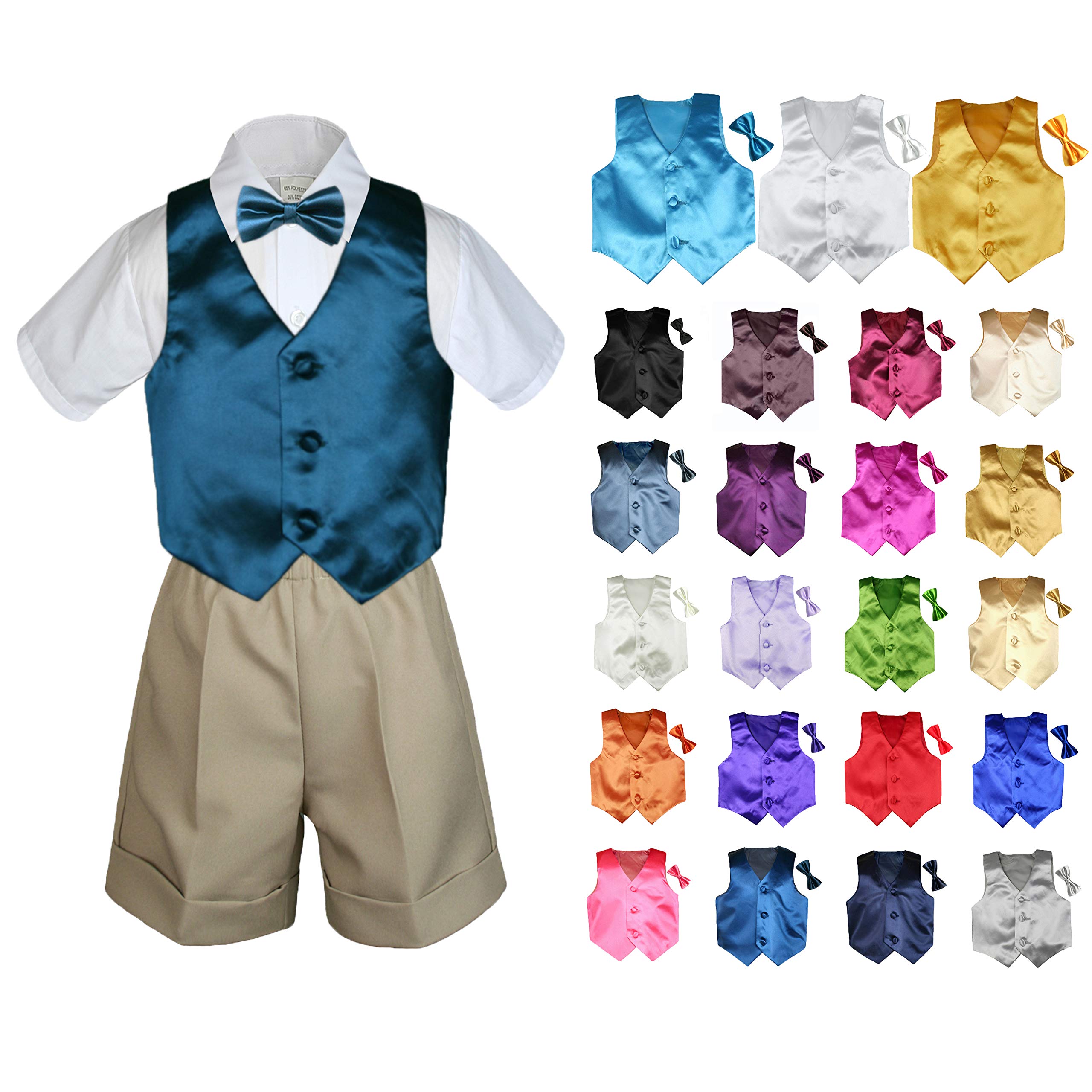MILLTEX 4 Pieces Set Formal Party Wedding Color Satin Vest & Bow tie Shirt Khaki Shorts Set New Born Baby Boy Toddler Sm-4T (M (6-12 Months Old), Turquoise)