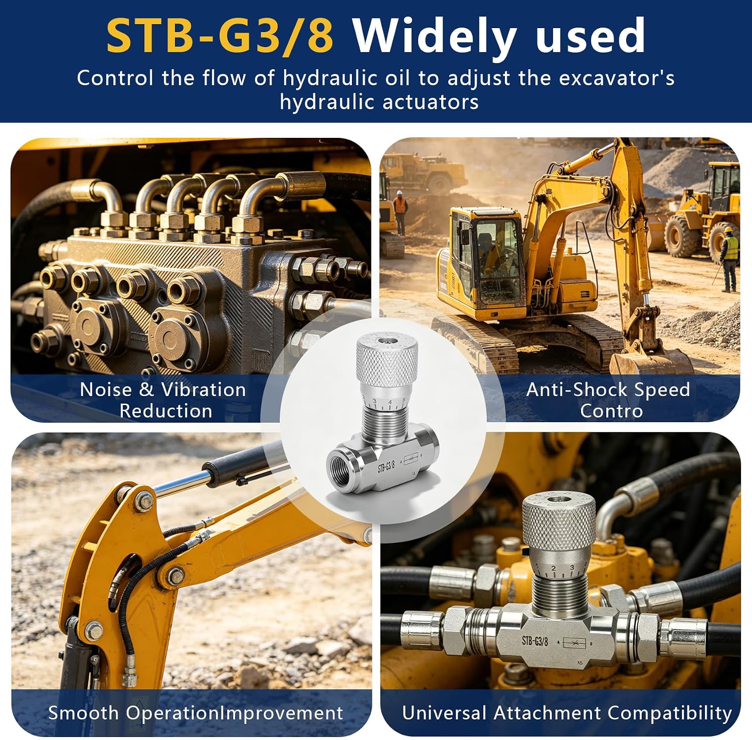 STB-G3/8 3/8" L08 Hydraulic Flow Control Valve for 1-2 Ton Mini Excavator | M14 dual connectors, tool-free install, precise bidirectional flow control, leak-proof body, 5pcs for 1-2T excavators.