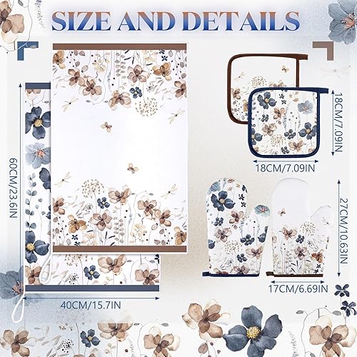 Miniatura 5 de Juego de 6 toallas de cocina con estampado floral de amapola marrón primavera, guantes de horno y agarraderas, decoración de flores silvestres de