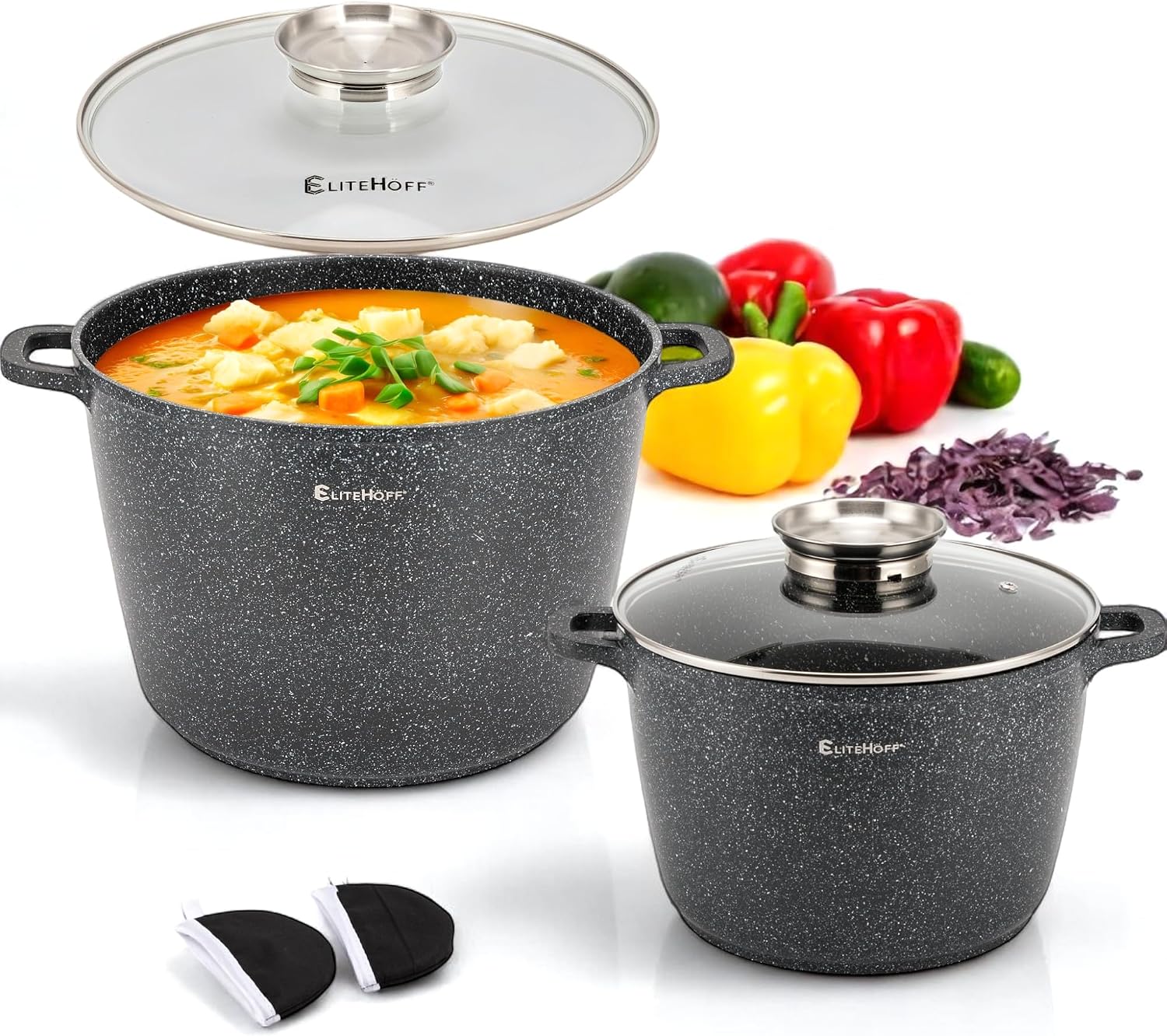 EliteHoff Nieprzywierający Garnek do Gotowania z Pokrywką – Zestaw 2 Garnków Aluminiowych do Zupy 24/28 cm (6,5 L + 10,2 L) Duże Garnki Marmurowe na Indukcję i Wszystkie Rodzaje Kuchenek (Czarny)
