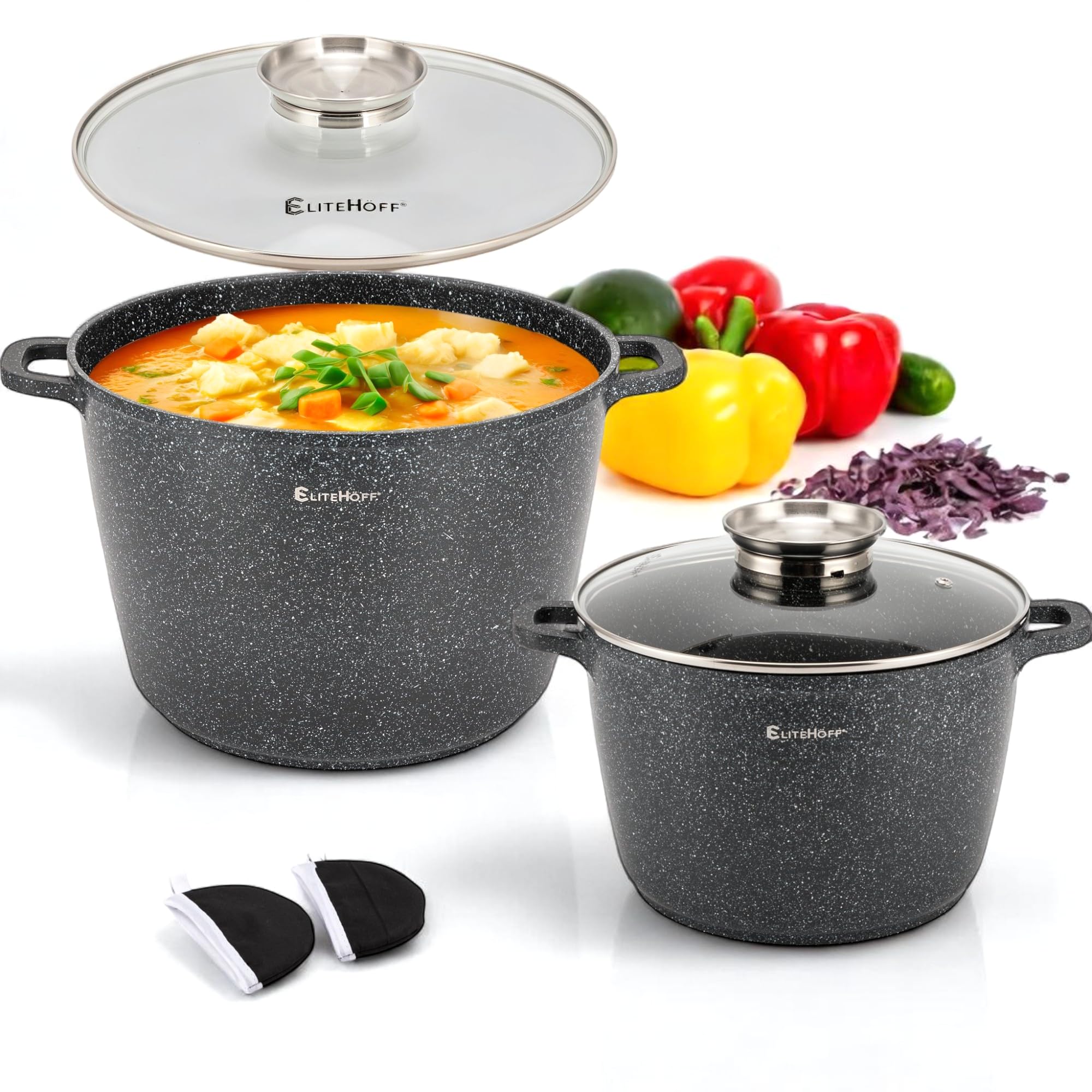 EliteHoff Olla de cocina antiadherente con tapa - Juego de 2 ollas de sopa de aluminio de 24/28 cm (6,5 L + 10,2 L) ollas de mármol grandes para inducción y todo tipo de cocinas (negro)