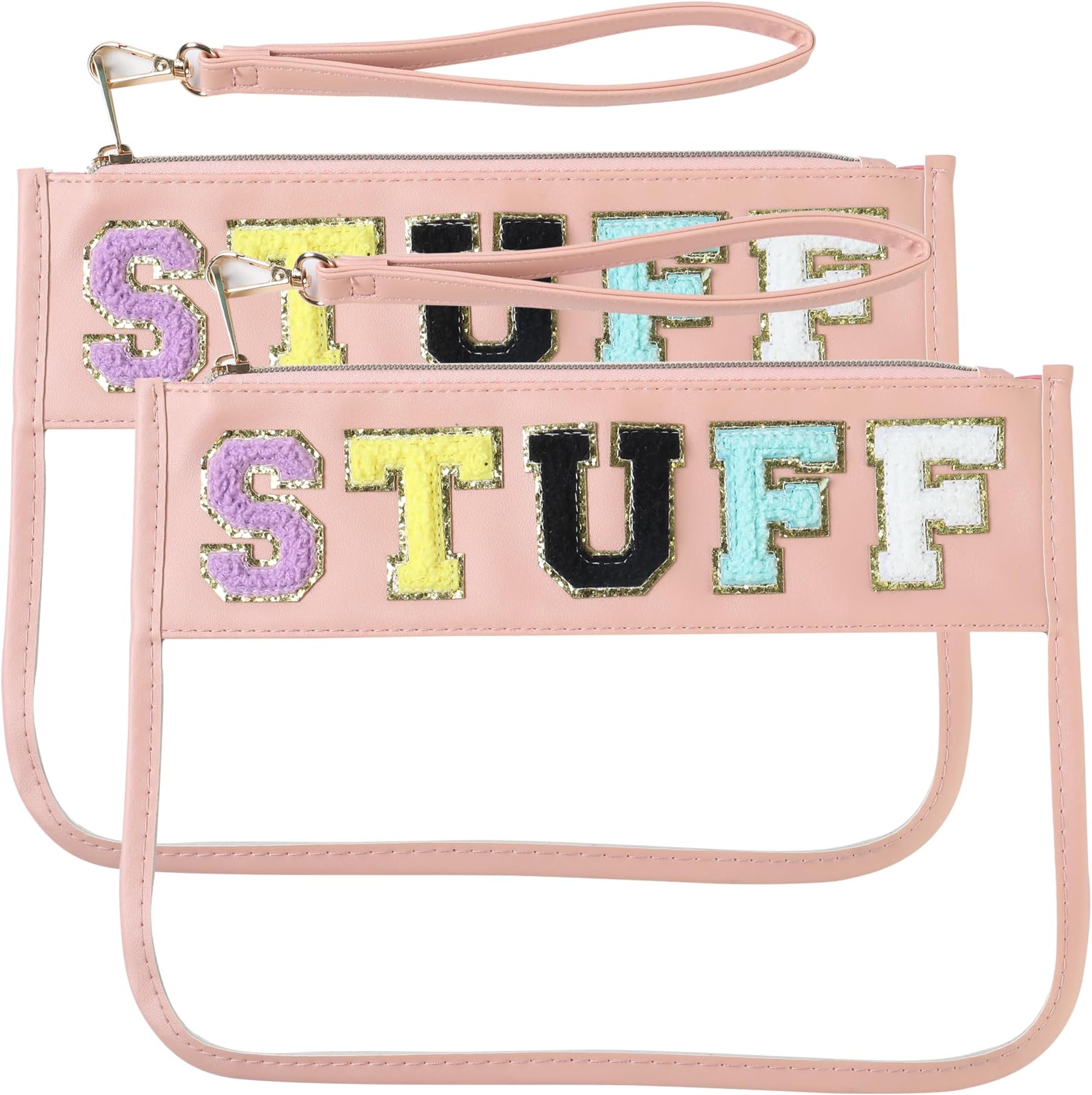 Gly'tidae2 Psc Stuff Bag with Durable Handle,Sewn Chenille Letter Pouch Preppy Stuff,Clear Patch Makeup Bag,Travel Cosmetic Bag for School Beach,Waterproof Toiletry Pouch for Women and Girls, Pink,