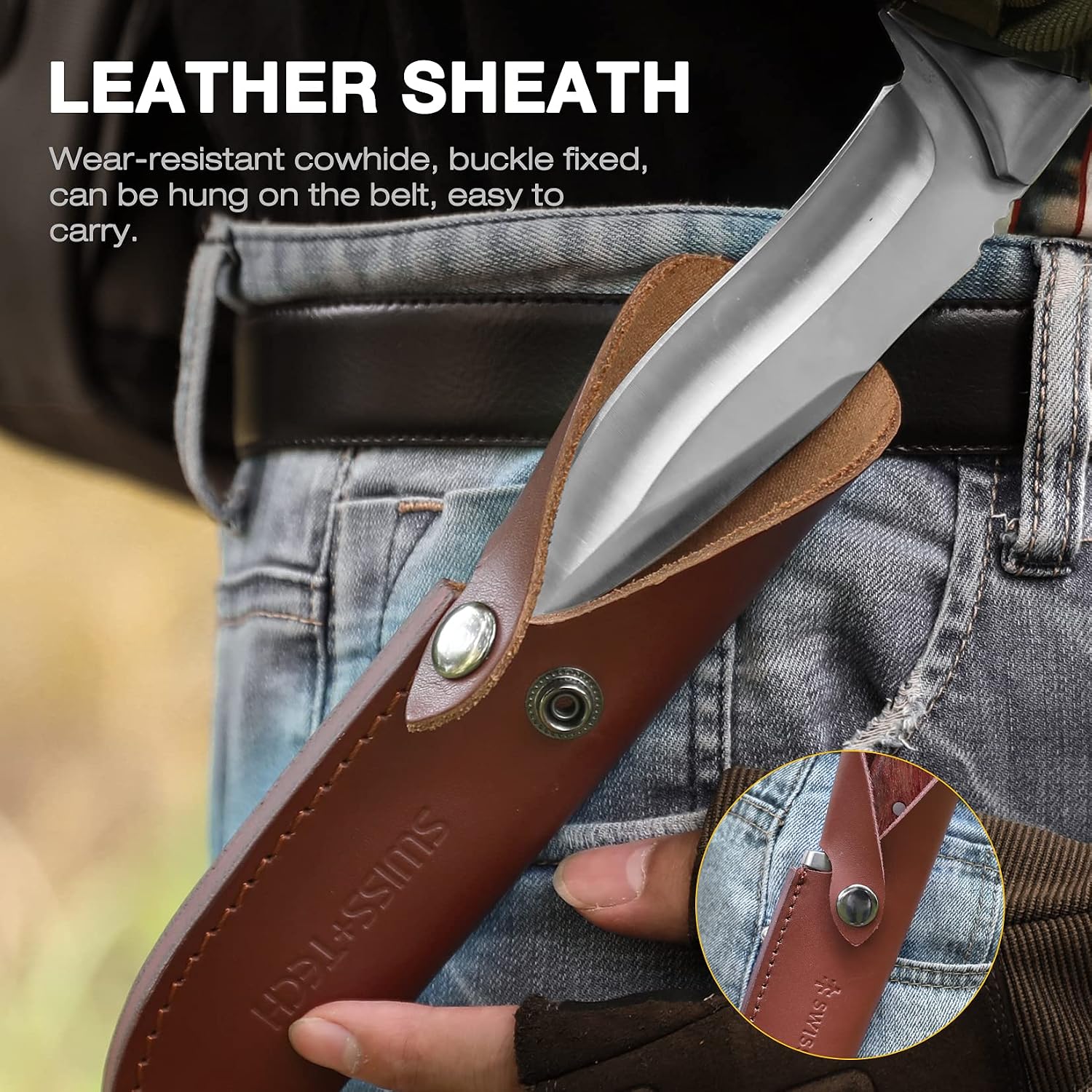 Swiss+Tech Fixed Blade Knife with Sheath, 4.8'' Full Tang Camping Knife with Stainless Steel Blade, Non-Slip Wooden Handle,Lanyard Hole, for Bushcraft, Hiking, Outdoor