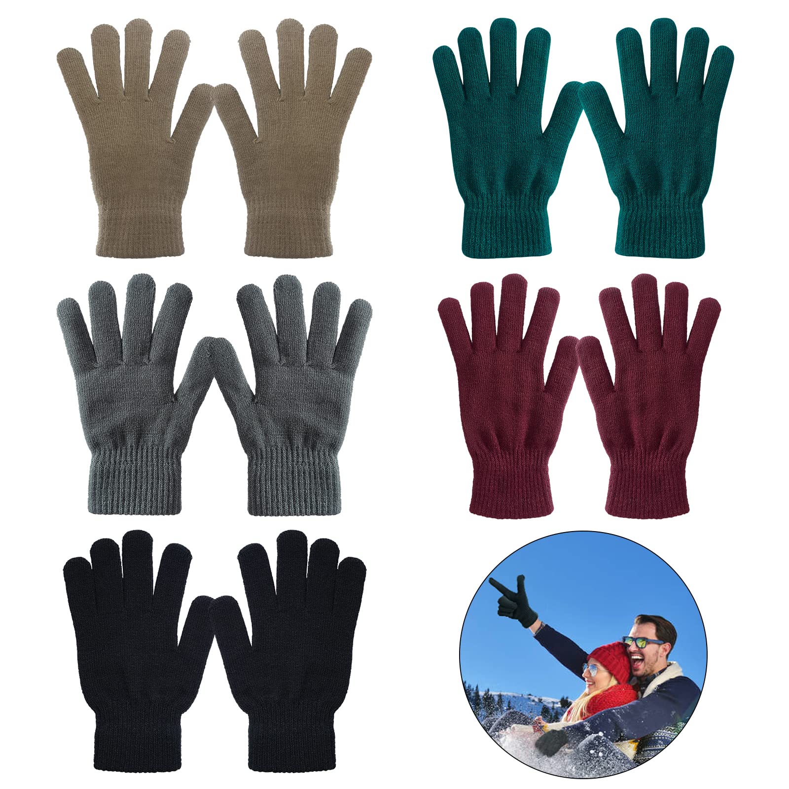 GLEDLOVES5 Pairs Winter Knitted Magic Elastic Gloves for Unisex Gloves Knit Full Fingers Warm Gloves for Men Women.