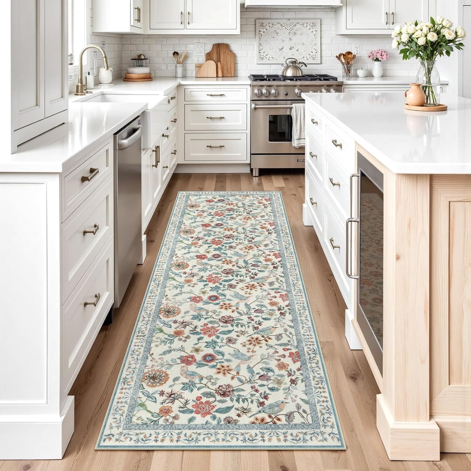 Rugalia Blue Floral Runner Rug, 2x6 Washable Rug Runners for Hallways Non-Slip, Soft Low Pile Flower Birds Long Bathroom Mat Botanical Throw Carpet for Kitchen Laundry Entryway Porch