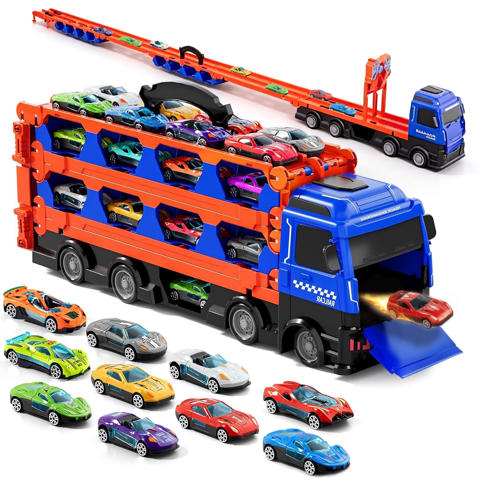 Pmueuff Camión De Transporte Con Pista De Carreras Y Lanzador – Incluye 10 Coches De Metal, Juguete 3 En 1 Para Niños 3-5 Años