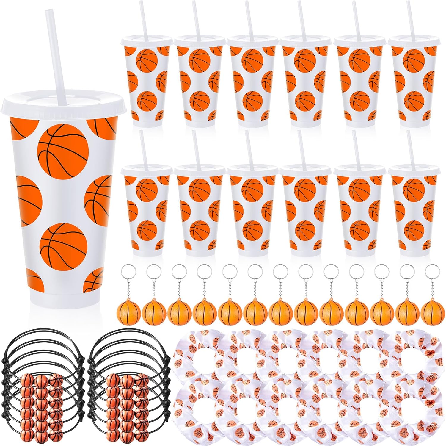 48 Pcs Basketball Party Favors, Basketball Birthday Party Supplies with Cup Straw Stress Ball Keychain Hair Scrunchies Bracelets for Sports Team Accessories Gifts Bags