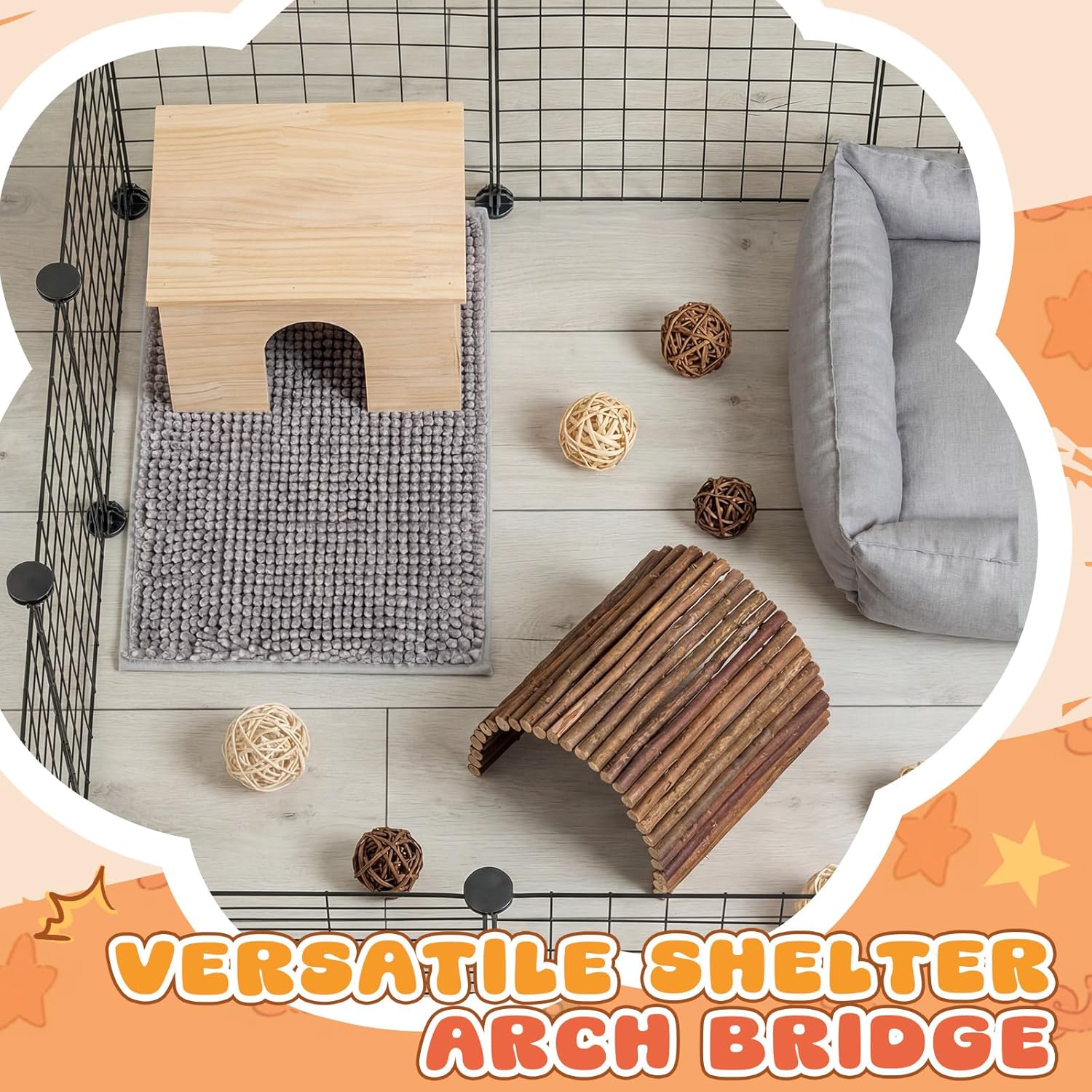 9 Pcs Wood House Guinea Pigs Hut Hideout with Rolling Chew Toys for Small Animals Accessories, Toys, and Supplies Guinea Pig Liner Washable Cage Liner Guineapig Habitat Cage Accessories