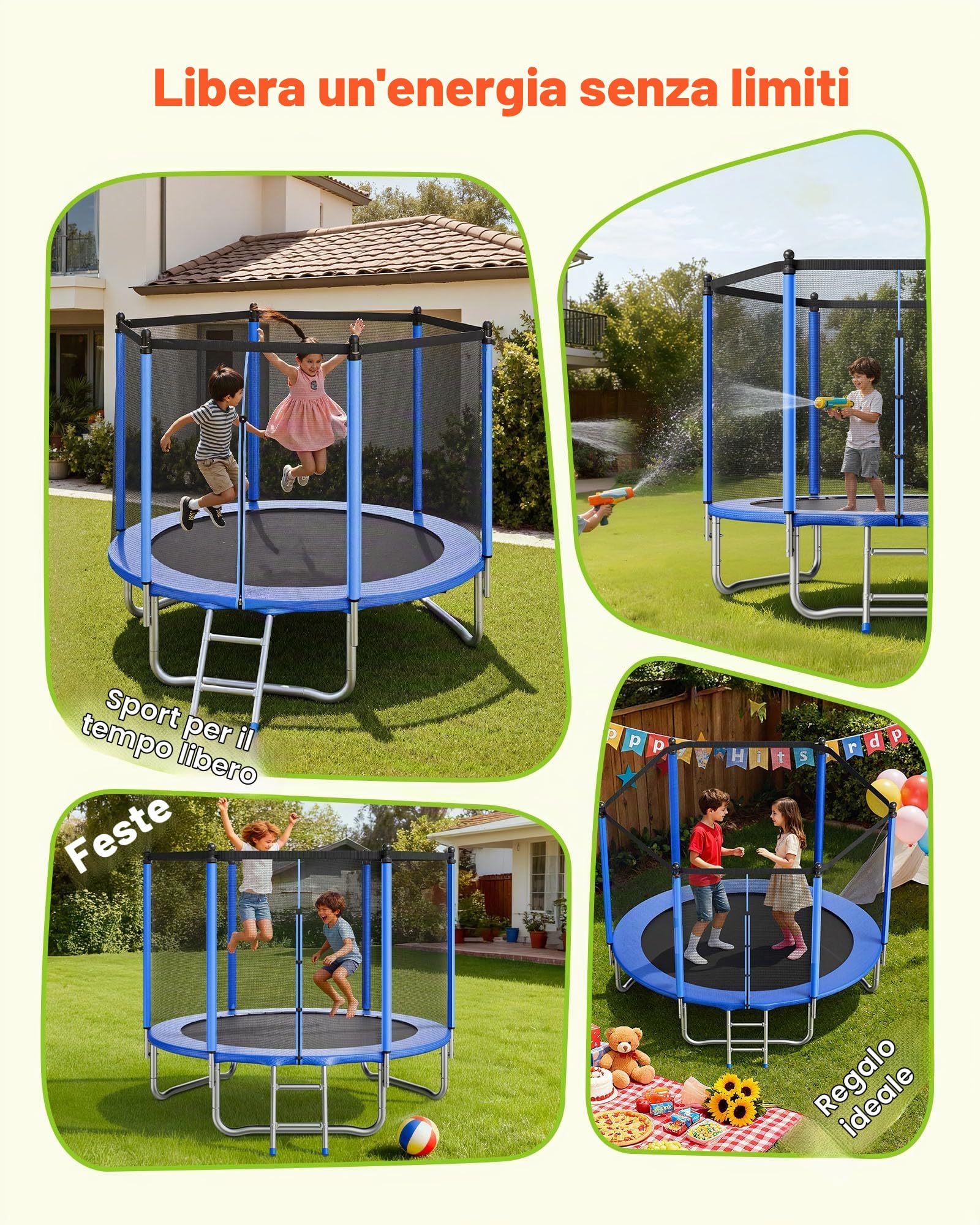 VEVOR Trampolino da Esterno 244 x 244 cm con Rete di Sicurezza e Telaio in Acciaio, Omologato ASTM, per Carichi Pesanti, Capacità Massima di 120 kg, Trampolino da Giardino per Bambini